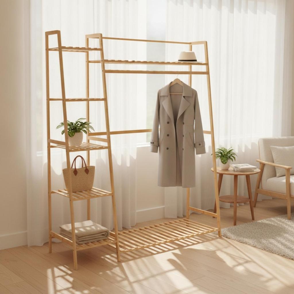 Bamboo Clothing Rack-Saving Freestanding Garment Rack Modern Wardrobe Organizer