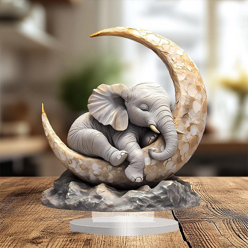 Acrylic Desk Ornament Of An Elephant Sleeping On The Moon For Home Decoration