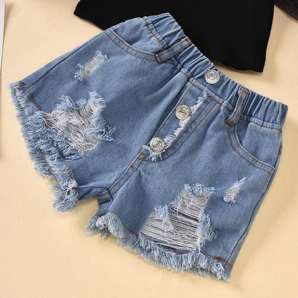 Toddler Baby Kids Girls Puff Sleeve Polka Dot Tops  Ripped Jean Shorts Outfits