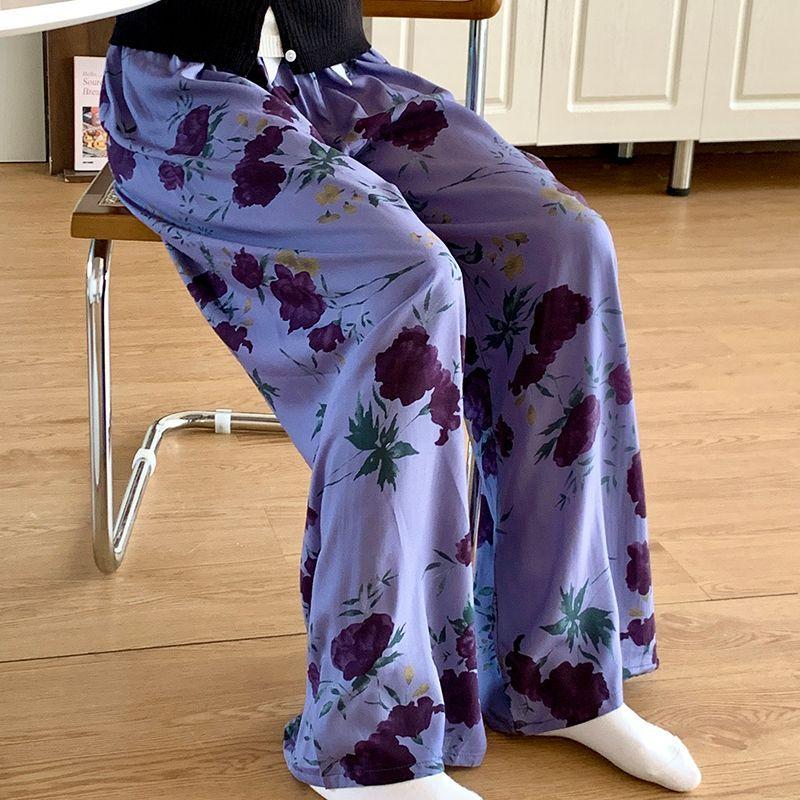 Summer Women's Cotton Rayon Loose Fit Soft Homewear Ankle-Length Wide Leg Floral Printed Lounge Pants