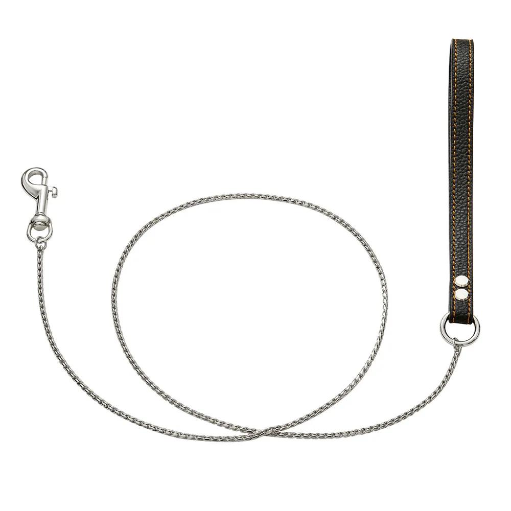 

Поводок для собак из нержавеющей стали с защитой от жевания, цепочка для щенков, змея, цепочка с защитой от жевания, прочный поводок для собак с кожаной ручкой 90CM