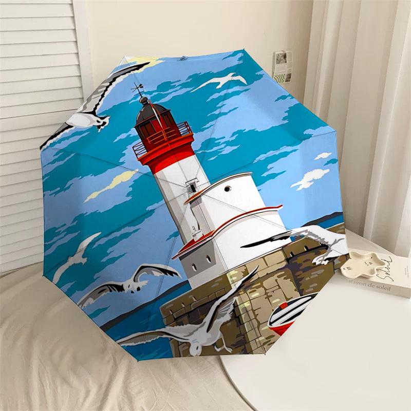 1PC lighthouse seagulls Umbrella-8-Rib Reinforced Portable Folding Travel Suitable for All Seasons Outdoor Daily Use-J393