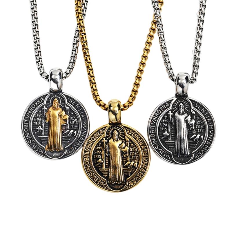 Men Necklace with Double Sided Saint Benedict Symbol Retro Religious Neckchain Alloy Clavicle Chain Fashion Accessory