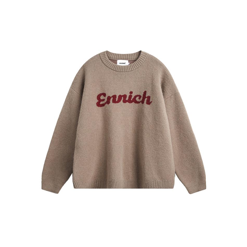

OUSWE Trendy Retro College Style Unisex Round Neck Sweater - Short, Warm Knitwear Pullover Medium верблюд