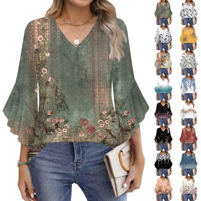 Women's Fashion Casual Seven-minute Sleeve Vintage Floral Print Top V-neck T-shirt Flared Sleeve Shirt