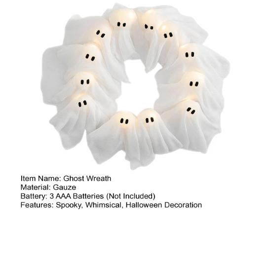 Halloween Ghost Wreath 12 Little Light-up White Ghost Wreath Front Door Hanging Decoration for Holiday Indoor Outdoor Wall Decor