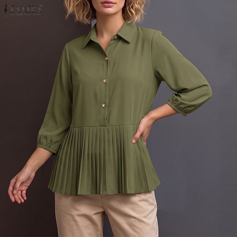 ZANZEA Women Long Sleeve Lapel Collar Pleated Peplum Hem Casual Button Down Shirt Blouse