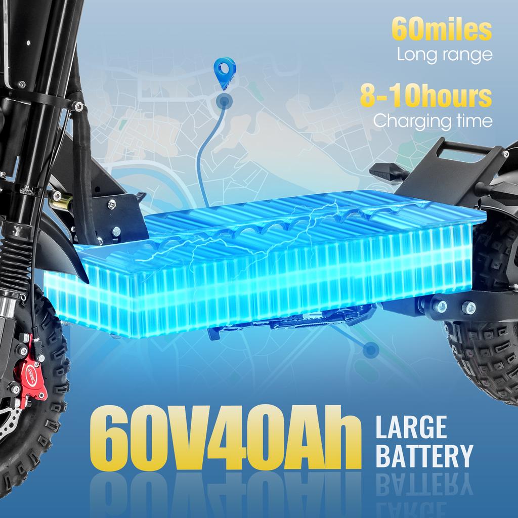 Patinete eléctrico T116 plus con motor de 8000 W, batería de 60 V y 40 Ah, velocidad máxima de 88 km/h, autonomía de 90 km, neumáticos de 14 pulgadas y diseño plegable.