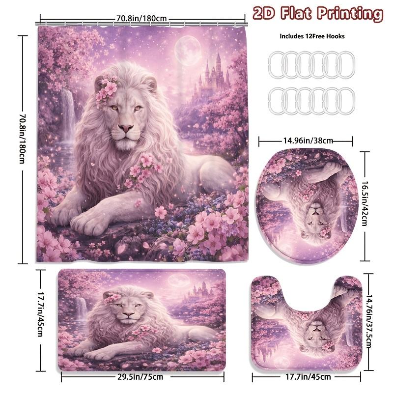 4Pcs Enchanted Lion Shower Curtain Set with Non-Slip Bath Mat, Toilet Lid Cover, Contour Rug & 12 Hooks, Bathroom Decor