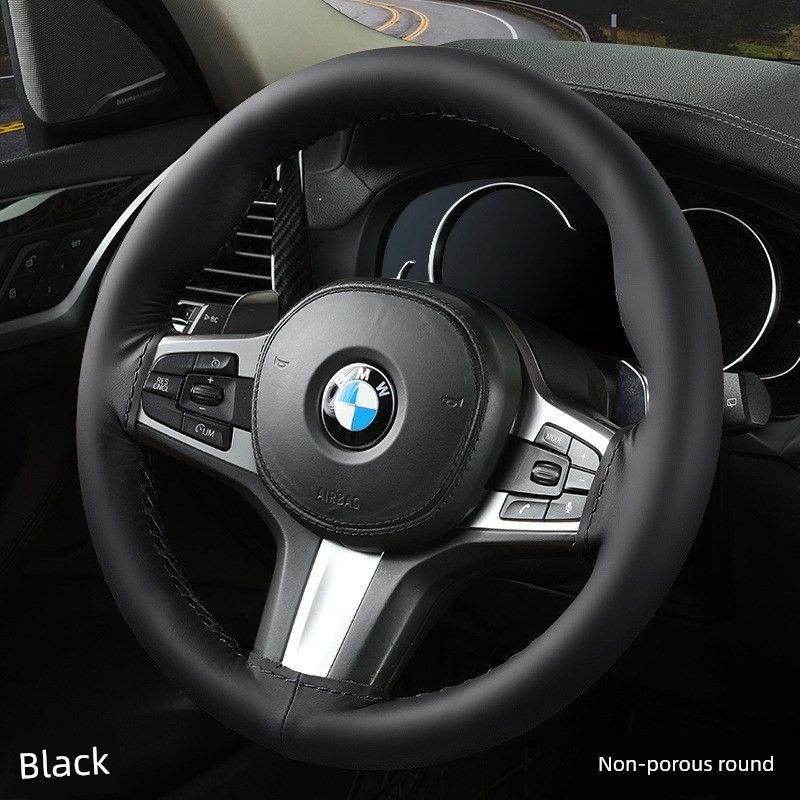 Car Steering Wheel Cover, Universal for All Seasons, Perforated Headrest, Genuine Leather, Round D-Shaped, Hand-Stitched F32 Non-Porous Round-Black