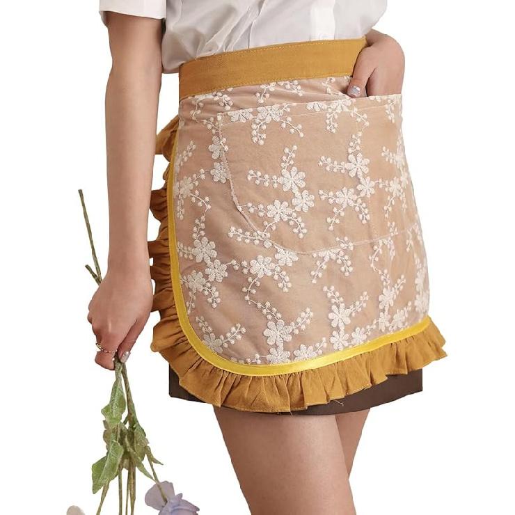 Waist Apron for women - Lovely Half Apron Cotton Lace Embroidered Server Waitress Apron Short Apron for Womens Girls жёлтый