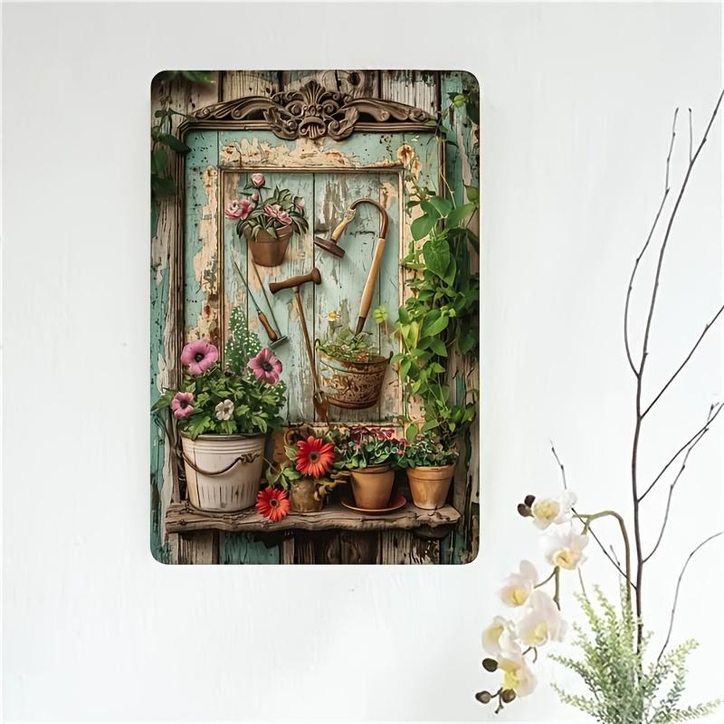 Vintage Floral Metal Tin Sign,Rust-Proof & Waterproof Iron Wall Art, Rustic Garden Scene with Gardening Tools Library Decor