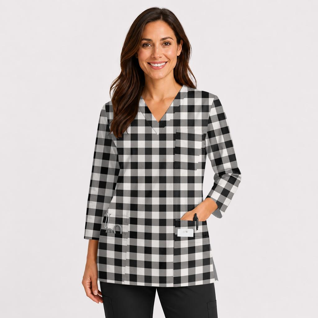Women's V-Neck Scrub Top with Pockets and Side Slits, 3/4 Sleeve Uniform Work Top