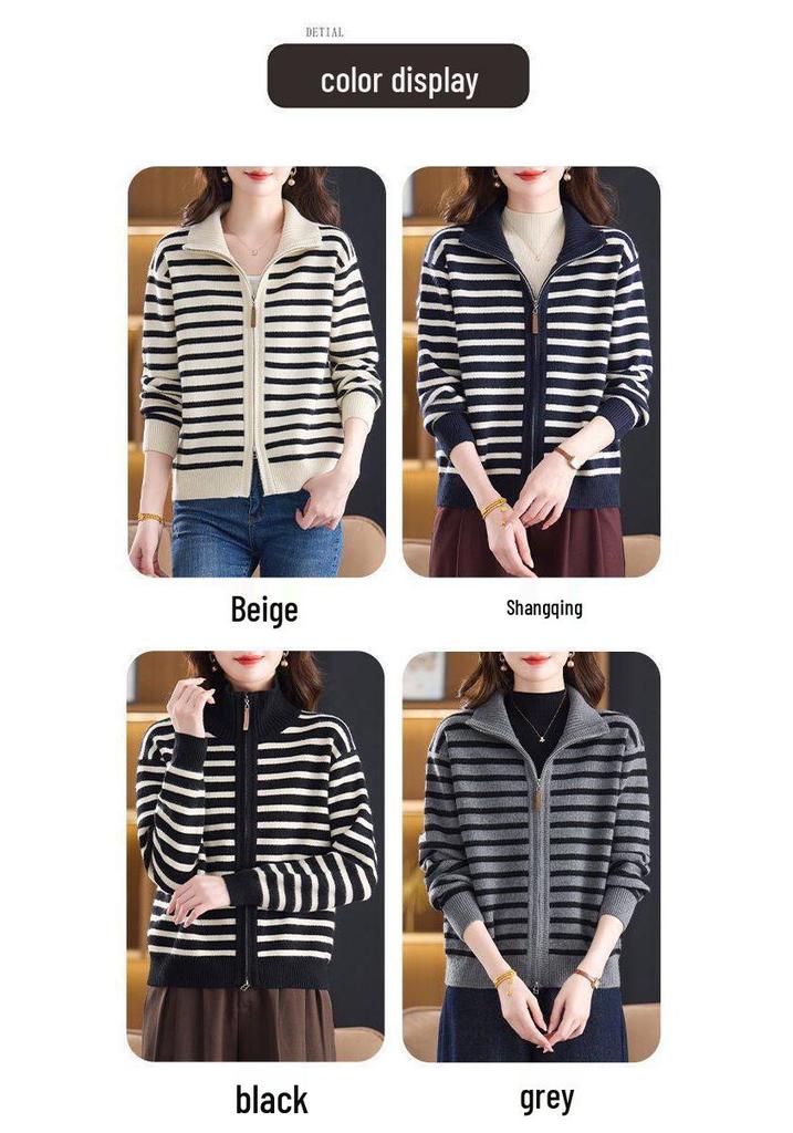 Korean Style Striped Knit Wool Cardigan - Autumn/Winter Zipper Sweater for Women