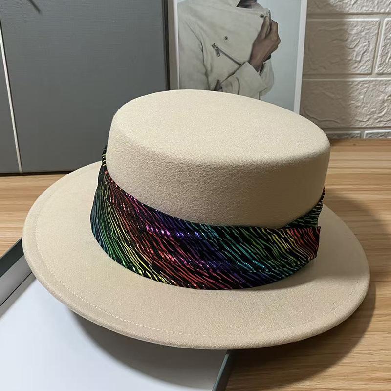 Flat Top Hat Women's Autumn and Winter New French Retro Imitation Wool Celebrity British Style Flat Brim Big Edge Hat Hepburn Hat