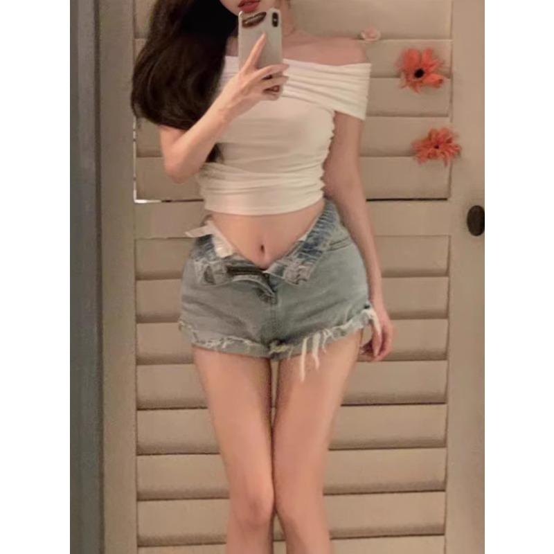 One-word Shoulder Shirt Slim and Thin, Tight Waist Short Top, Sexy Bottoming Shirt Top