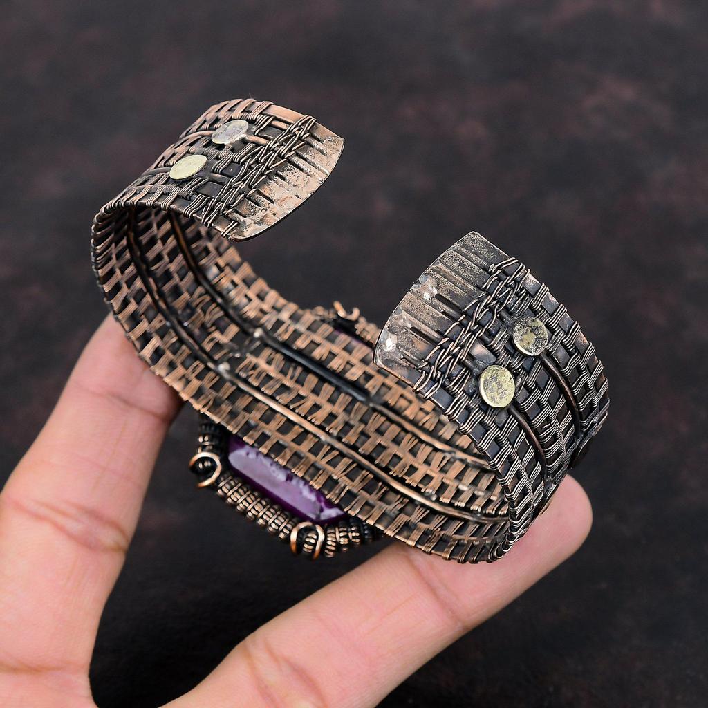 Pulseira de punho de rubi de Caxemira facetada, bracelete enrolado em fio de cobre, bracelete ajustável feito à mão, pulseira com pedras preciosas, joia enrolada em fio de cobre, presente para a mãe