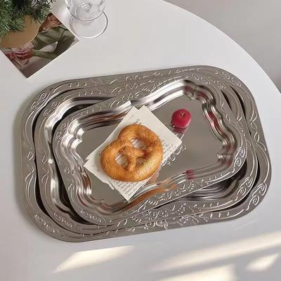 1PCS Stainless Steel Rectangular Tray with Embossed Design for Kitchen Living Room Storage Durable Fruit Snack Cake Serving Dish