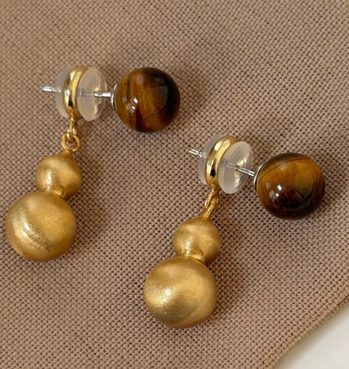 Hot Selling New Chinese Style Retro Tiger Eye Stone Brushed Gourd Earrings Multi-Wear Exquisite Autumn and Winter золотой