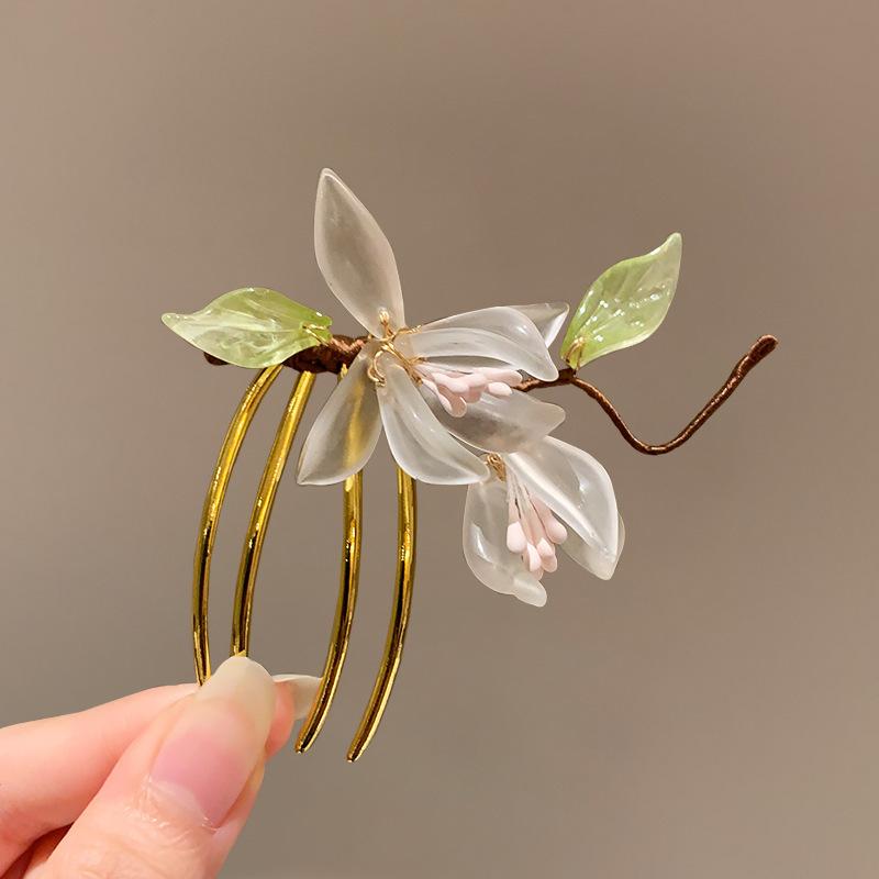 Vintage Flower Hairpin Elegant Chinese Style Glass Flower Hair Comb For Women Girls Exquisite Fairy Metal Hair Accessories 1pc