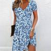 Zomer Mode Dames V-hals Korte Mouw Kleurrijk Patroon Bedrukt Jurk Sexy Korte Rok Jurken
