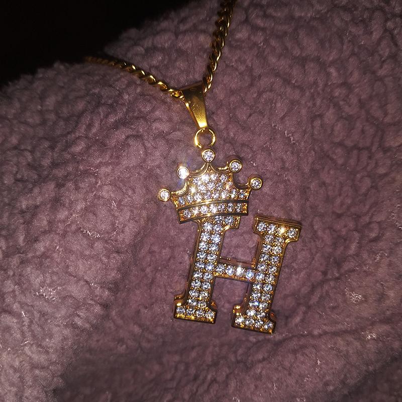 Naszyjnik z inicjałami A-Z w kształcie korony dla kobiet i mężczyzn Hip Hop Łańcuch Biżuteria Kryształ Cyrkon Wisiorek Naszyjniki Collier Bijoux