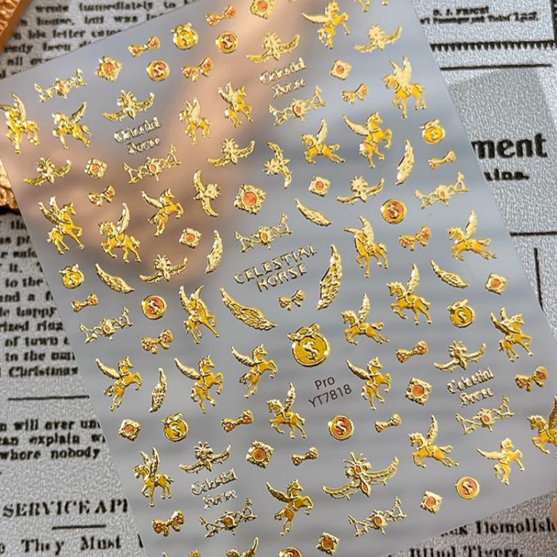 

2026 Year of the Horse Nail Stickers | Metallic Gold Hot Stamping Horse Design Decals for Manicure золотой
