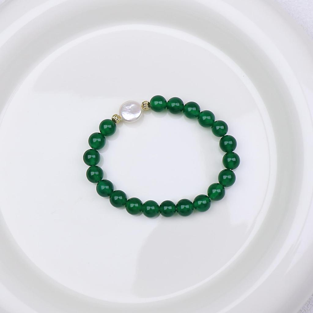 Wysokiej jakości Bransoletka z Zielonego Agatu Chalcedonu i Pereł - Chiński Styl Damska Biżuteria z Koralików