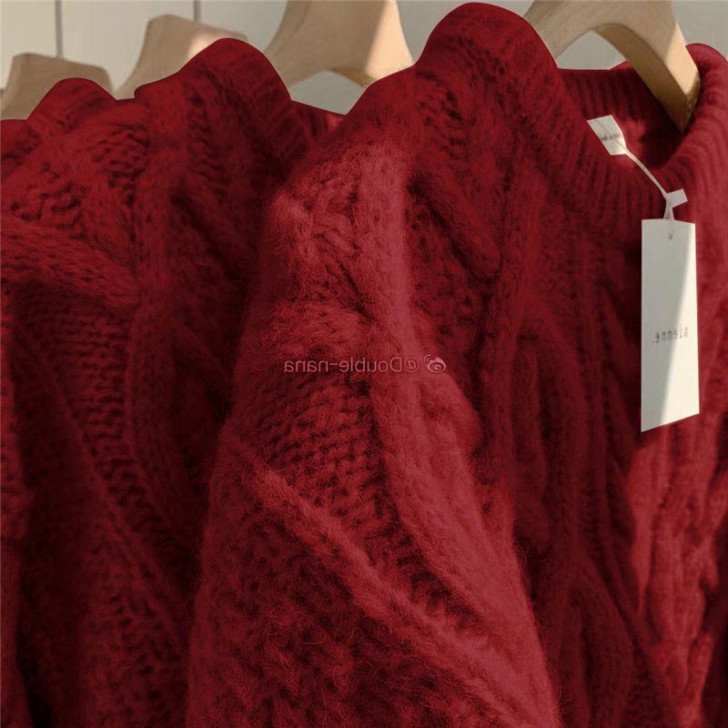Damen Übergröße Roter Zopfstrickpullover - Dick, Locker, Perfekt für Weihnachten und Winter