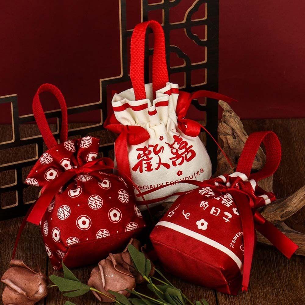 Letter Canvas Drawstring Bag Floral Bowknot Handbag Elegant Festive Sugar Bag Party