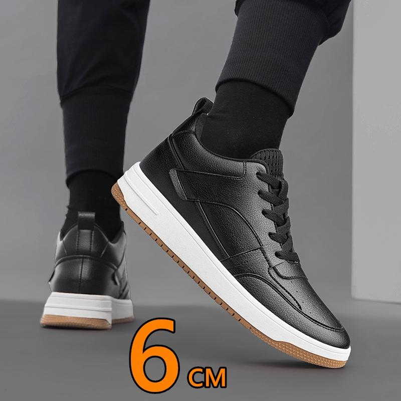 Men's Genuine Leather Elevator Casual Shoes Breathable Black/White Height Increasing Sneakers Sports 6cm Tall Shoes