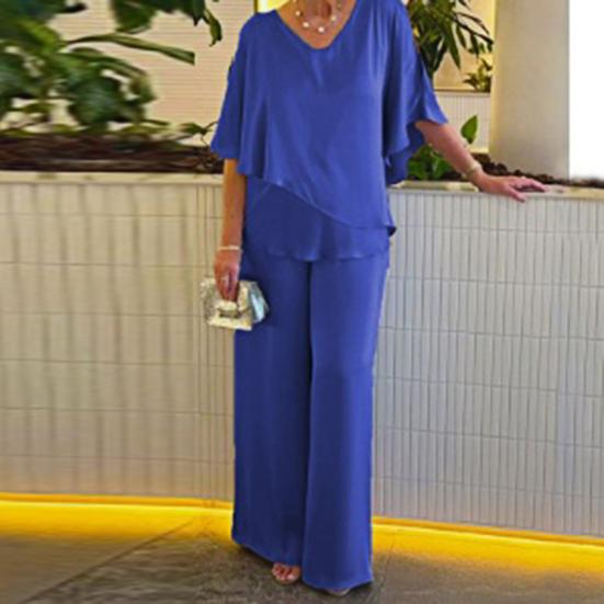2 Pcs/Set Women Top Pants Suit V Neck Bat Sleeve Irregular Hem