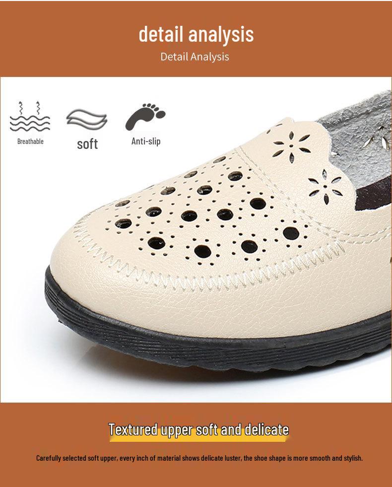 Mom's Summer Breathable Leather Sandals – Soft Sole, Non-Slip Flats for Middle-Aged & Elderly Women