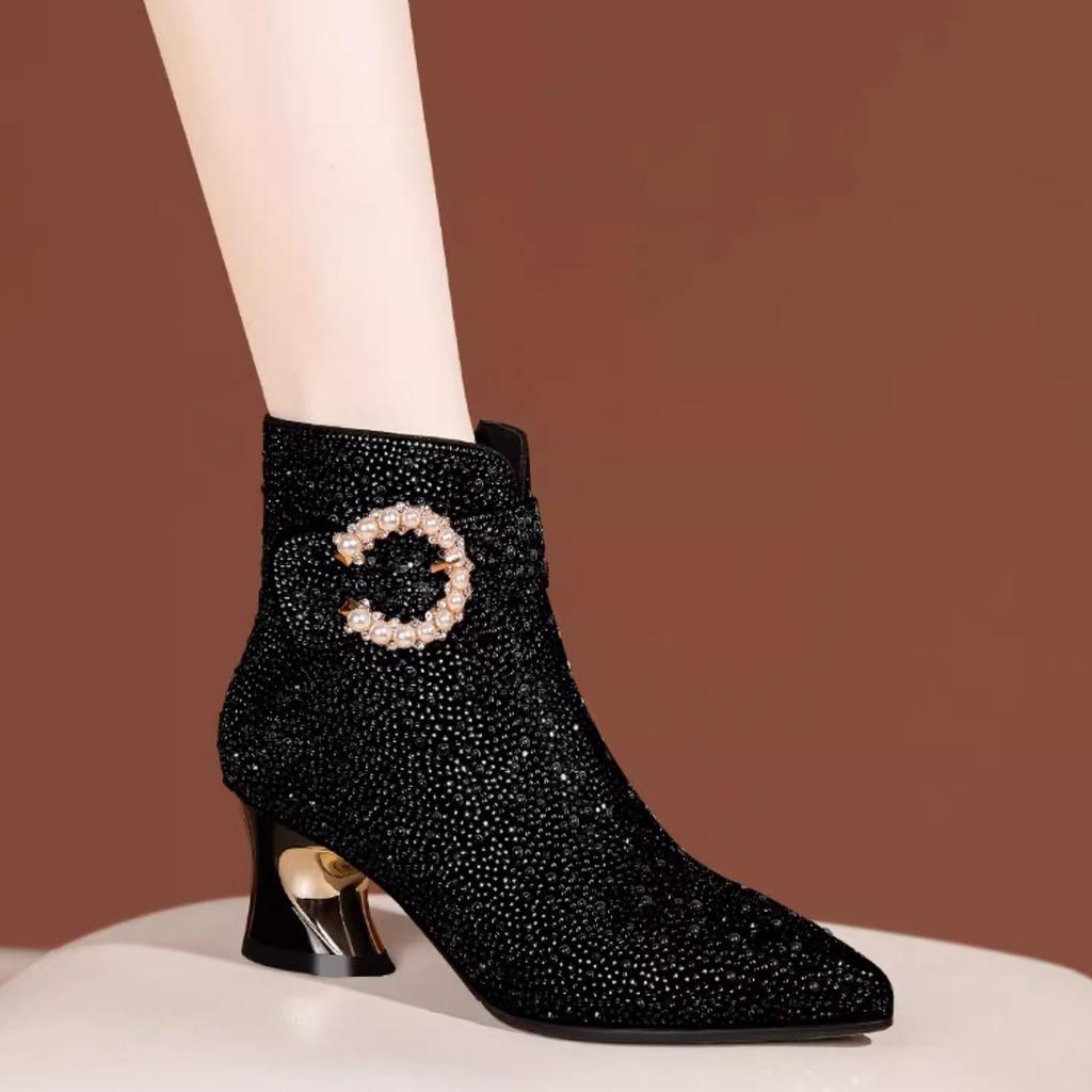 Pointed short boots women's 2025 autumn and winter new temperament socialite rhinestone thick heel women's boots high-end cheongsam fashion boots