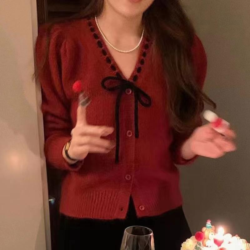 Elegant Sweet Bow Lace-up V-neck Cardigan Women Sweater Korean Fashion Chic Spring and Autumn Loose Coats Versatile Long Sleeved Knitted Clothing