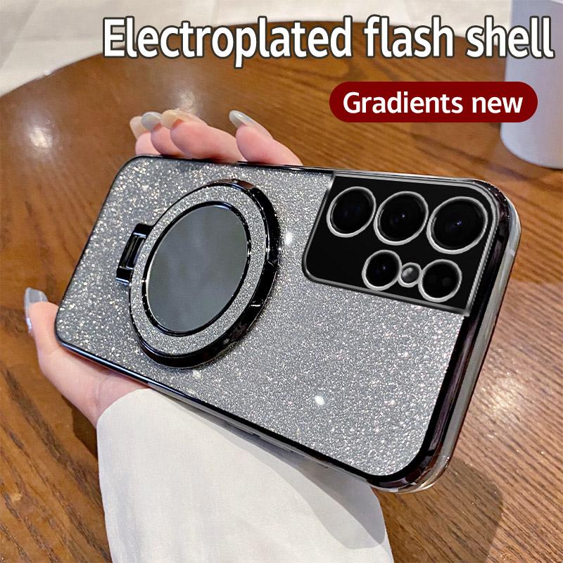 S21 Bling Magnetic Phone Case For Samsung Galaxy S21 Plus S21 Ultra Glitter Mirror Stand Silicone Protector Soft Cover S21 FE