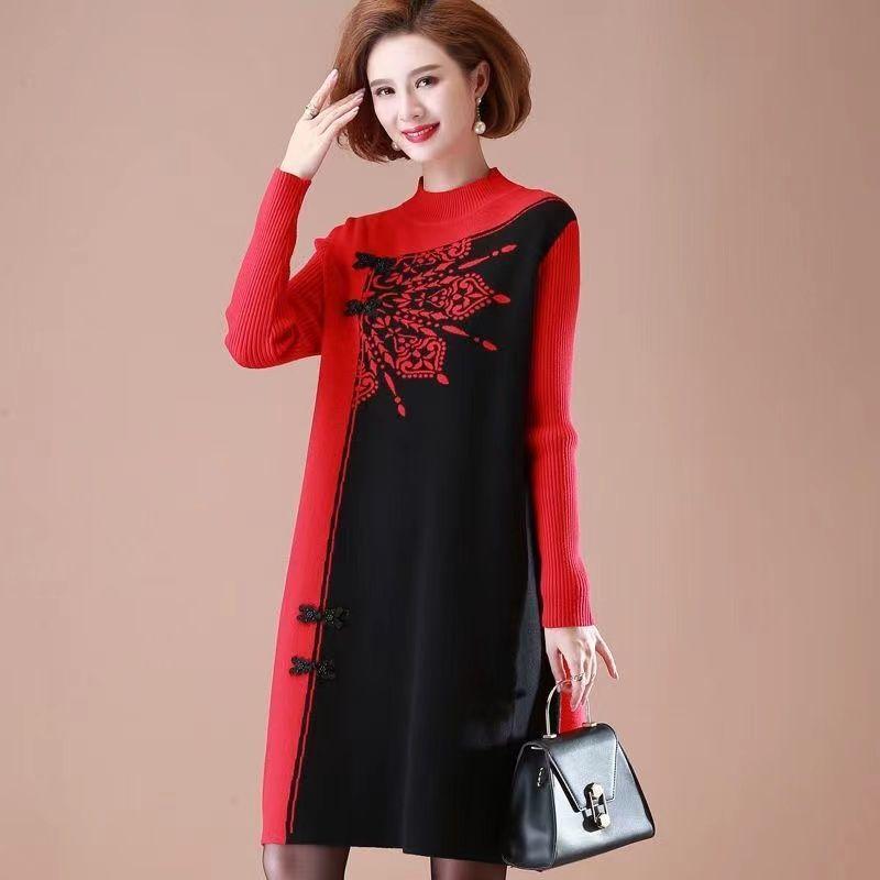 Women's Plus Size Knit Dress Autumn Winter Color-Block Loose Knit Sweater Dress Long A-Line Knit Dress