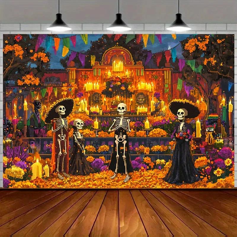 2D banner 1 piece Marigold with bright candles Day of the Dead ambience Halloween and Day of the Dead party decorations
