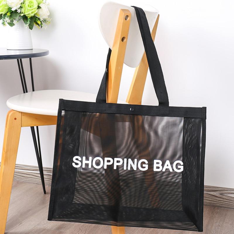 Transparent Nylon Mesh Shopping Bag Large Capacity Shoulder Handbag For Shopping Bag Breathable Beach Travel Storarge Bag Black