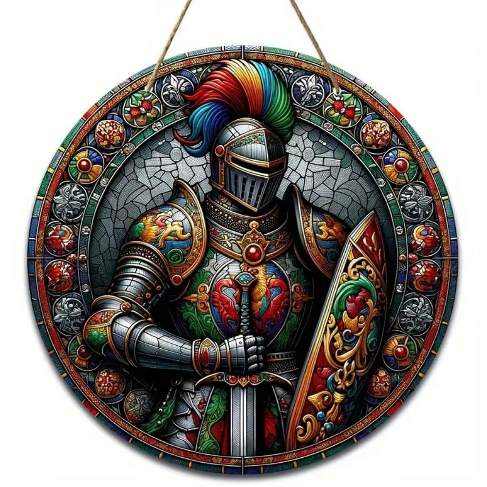 1 Stück 2D Flaches Vintage Mittelalterlicher Ritter Kunst Schild - 20cm Rund Holz, Bar Café Veranda Wohnzimmer Schlafzimmer Heimdeko, Rustikaler Stil Kreative Wanddeko