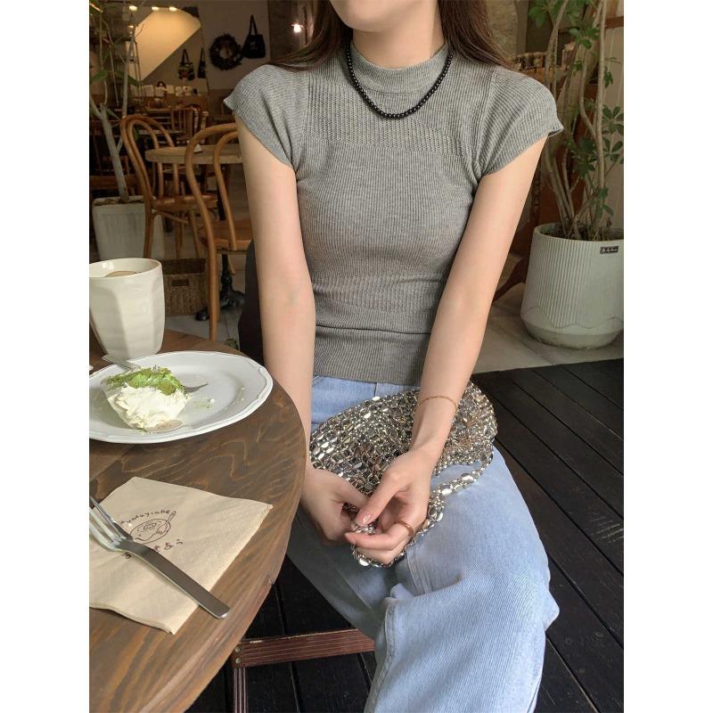 Knitted Short-sleeved Summer Slim-fitting Right-shoulder Fashionable and Versatile Thin Top with Design