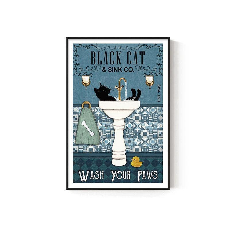 Retro Kitten Cartoon Canvas Painting Bathroom Toilet Poster Toilet Children's Room Decoration Painting for Modern Living Room Asian Style Home Decor