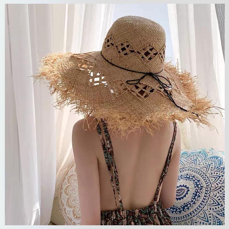 Hollow Lafite Straw Hat Women's Summer Seaside Beach Sunshade Sunscreen Hat Big Brim Sun Hat New
