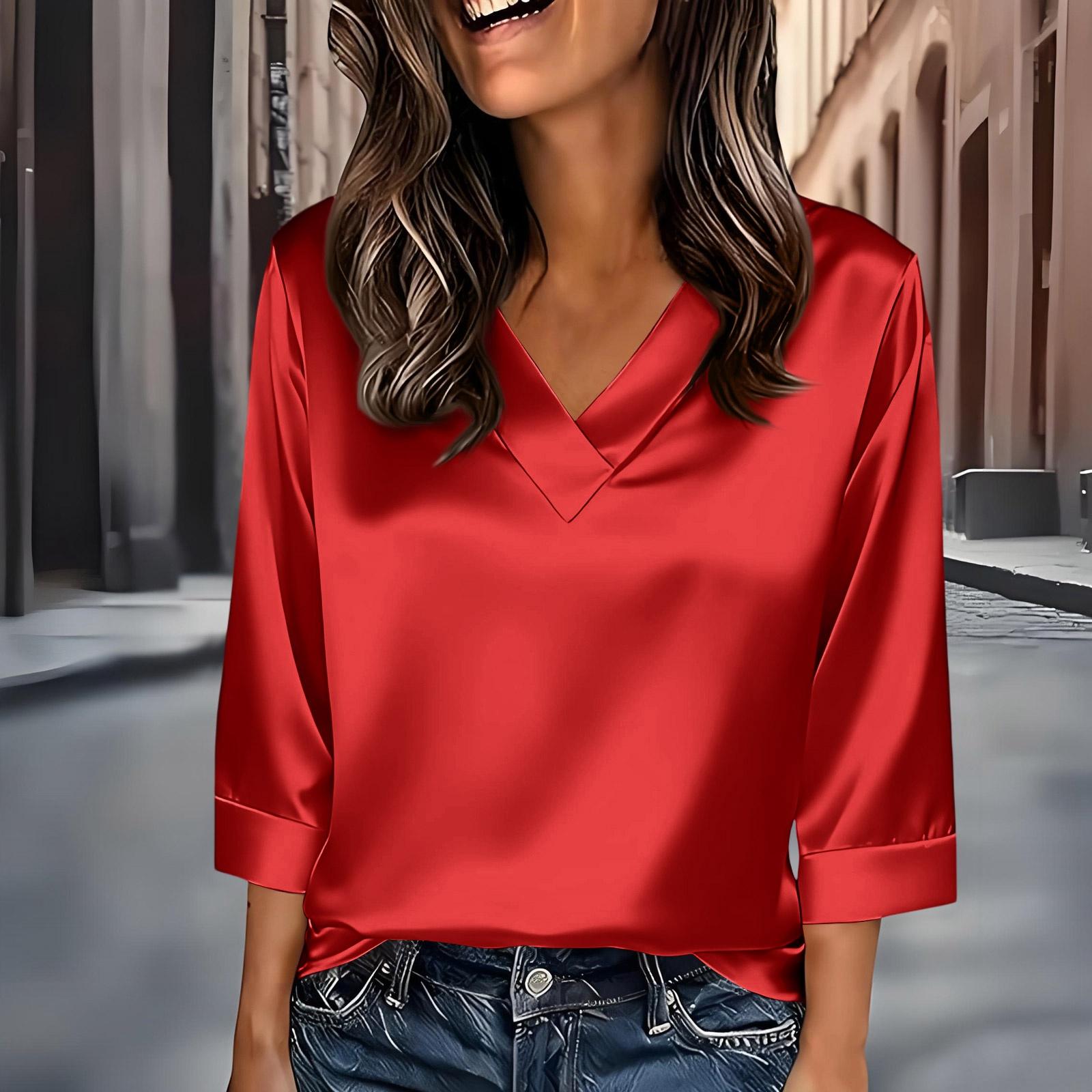 

Womens 3/4 Length Sleeves Shirts V-Neck Satin Color Loose Dressy Trendy T-Shirt Pullover Blouse Tops L