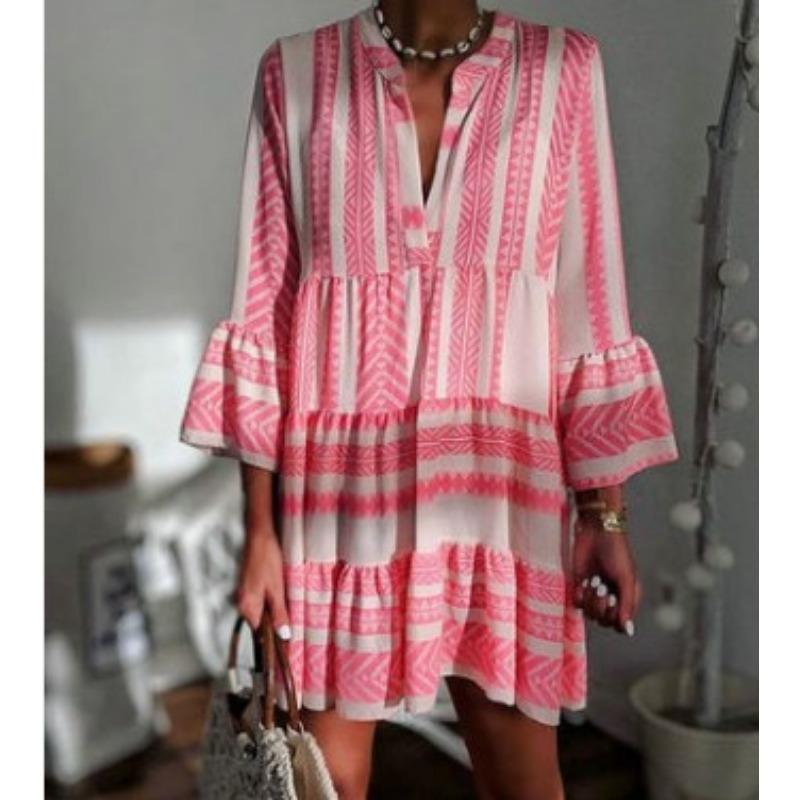 YYFS Rochii de damă la modă, vară și primăvară, cu imprimeu colorat, mâneci 3/4, decolteu în V, talie lejeră, casual