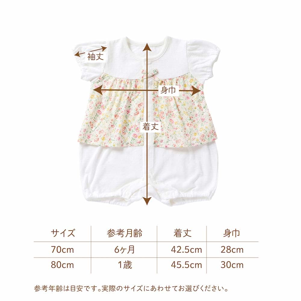 Cream de Coco Made in Jersey Tuck Jacquard Petite Flower Baby Clothes for Size - Japan, Spring/Summer Coverall, Newborns, 25-43112 (White, 80cm)