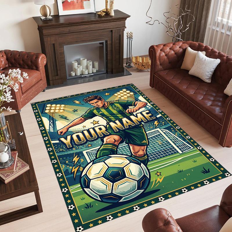 Soccer Theme Crystal Velvet Floor Rug Personalized Custom Name Text Warm Carpet Home Decoration