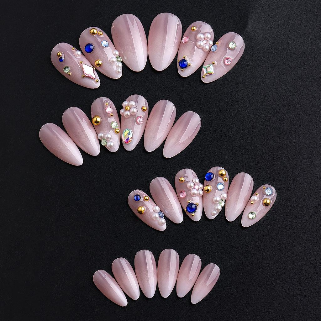 Reusable Almond Press On Nails Ins Trend Sparkling Rhinestone Special Gem Design Nail Tips