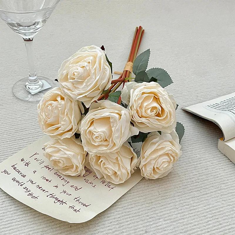 

7 Heads Grilled edge Rose Artificial Flower Retro Rose Bouquet Wedding Home Decoration Pography Props el Decoration