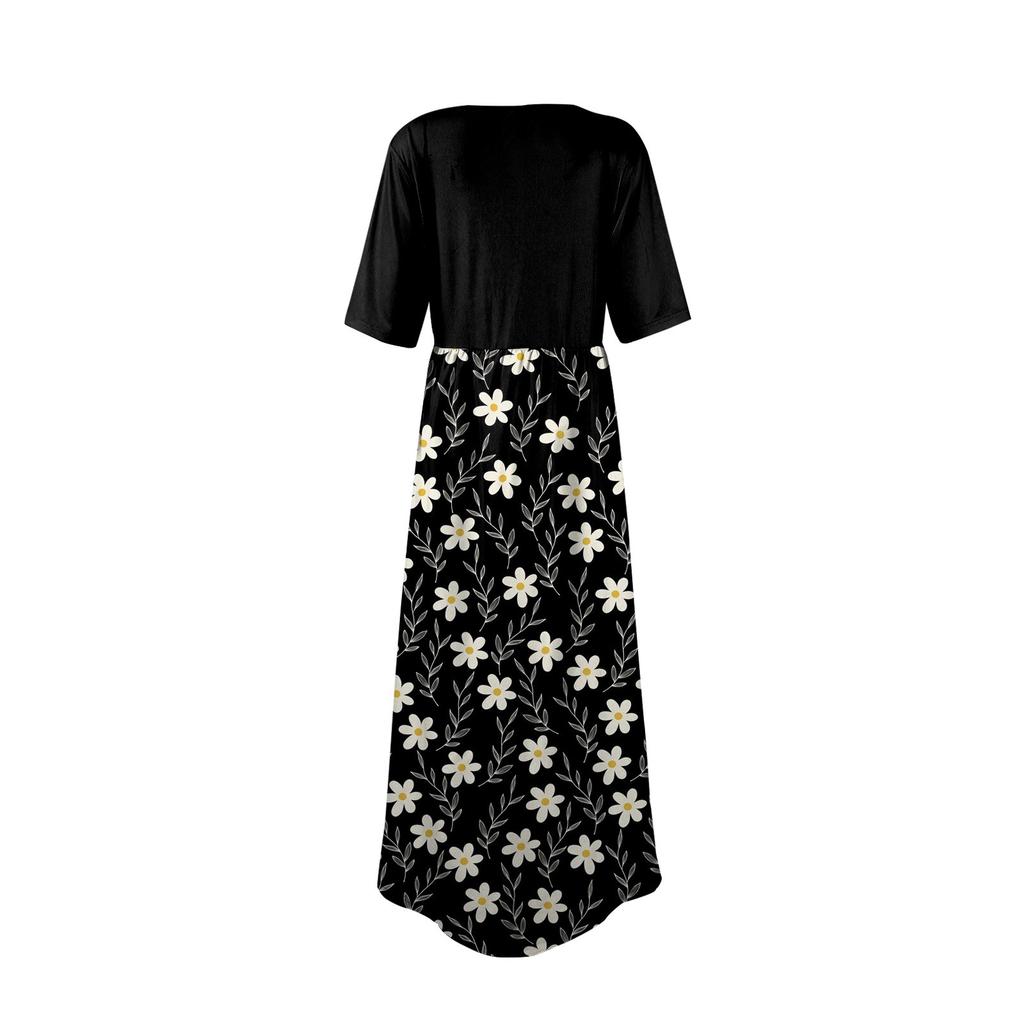 Women's Fashion Casual Short Sleeve Round Neck Splicing Floral Print Elegant Temperament Dress